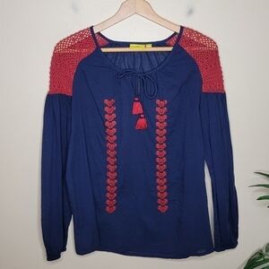 Roberta Roller Rabbit | Navy & Rust Red Crochet Shoulder Embroidered Top